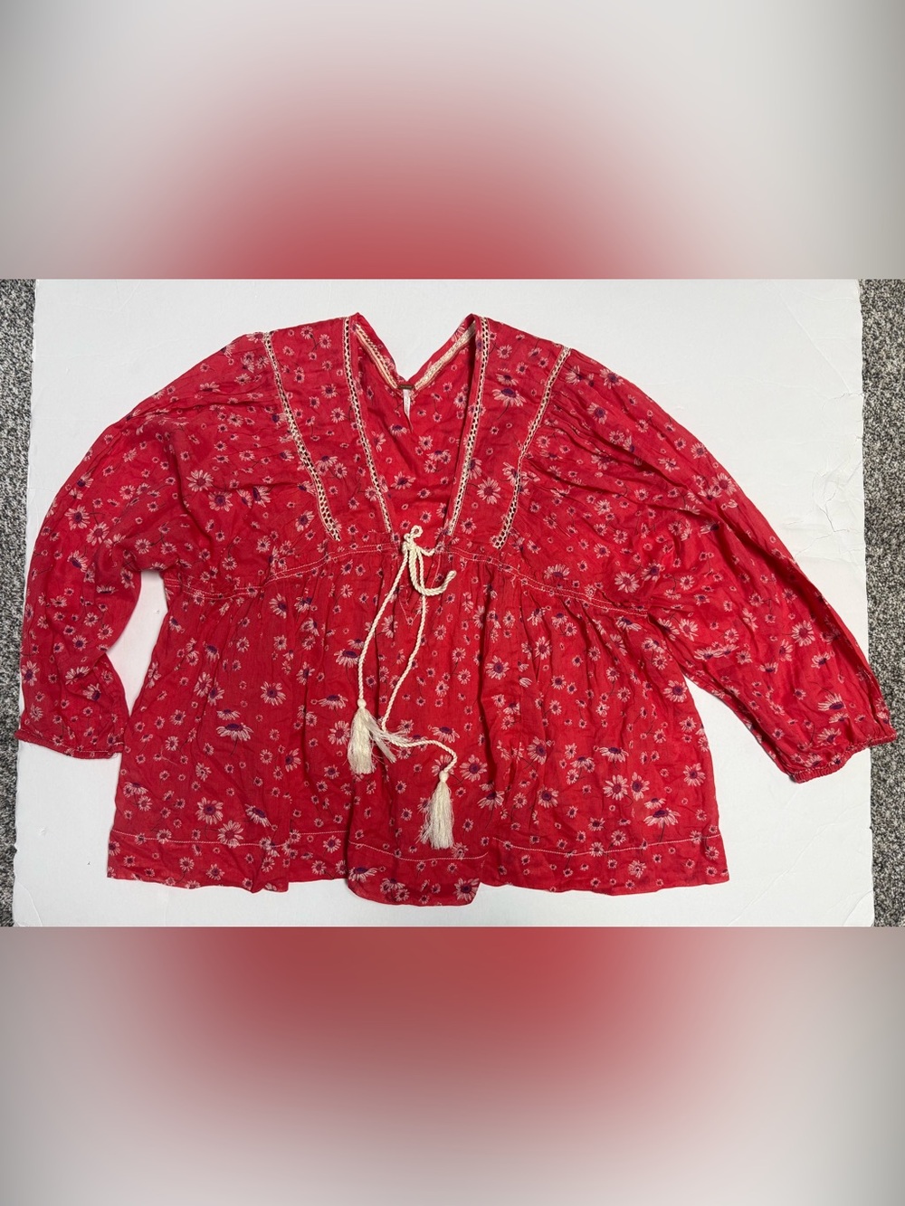 NWT Free People BoHo Red Floral Tassel Peasant Tunic top women’s M - Picture 7 of 16
